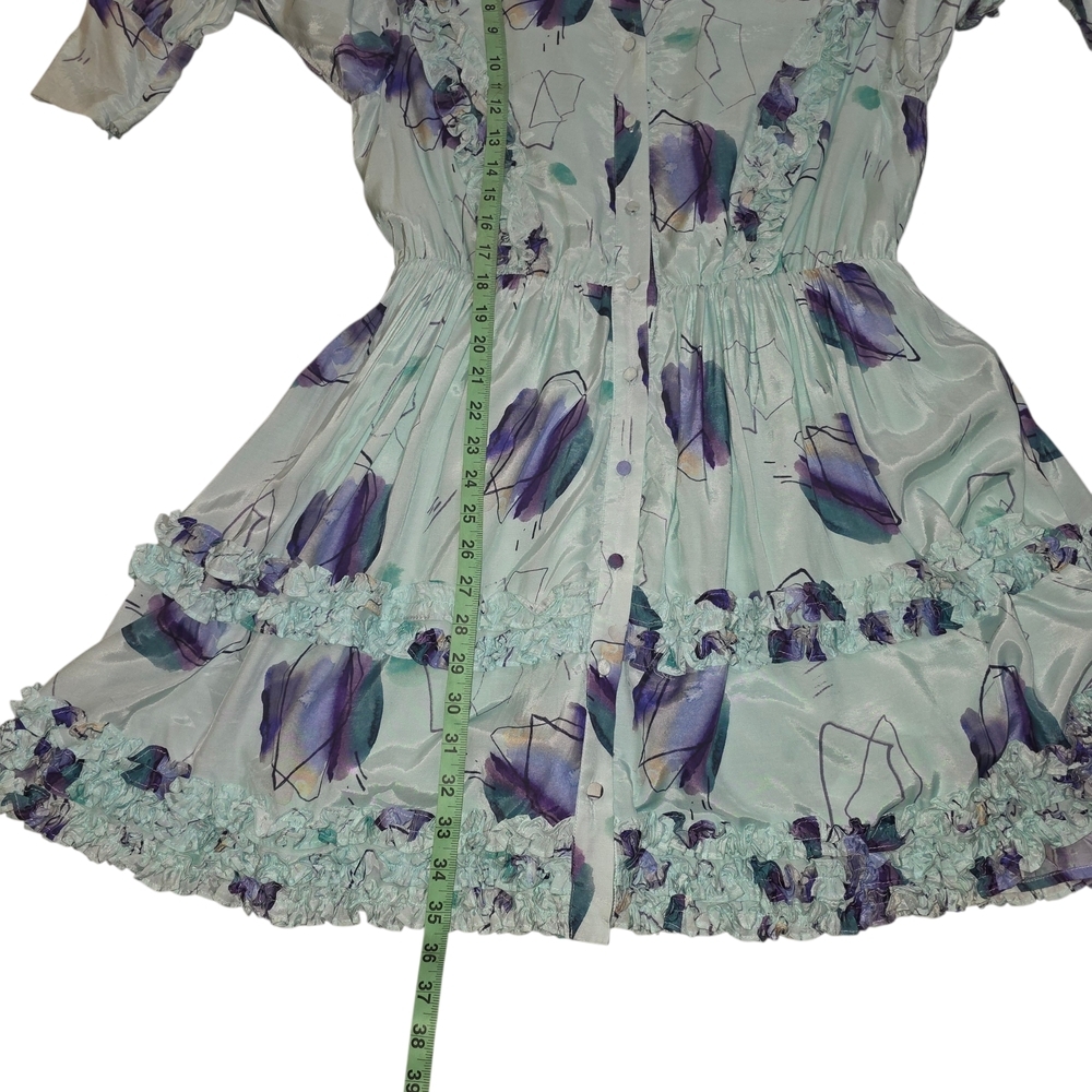 Elliatt "FOND" Ruffle Tiered Mini Dress Mint Watercolor Print Long Sleeve Size L - Picture 9 of 12